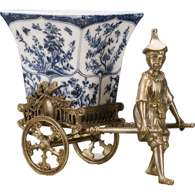 Blue Vine Rickshaw Basin/Planter with Bronze Man
