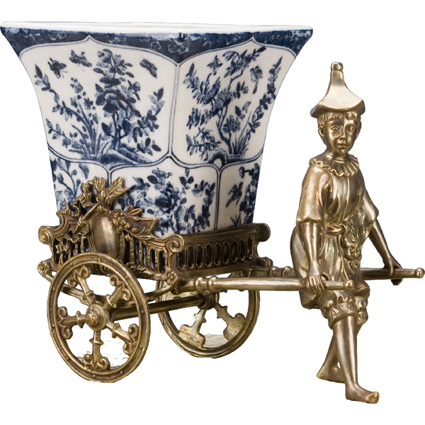 Blue Vine Rickshaw Basin/Planter with Bronze Man