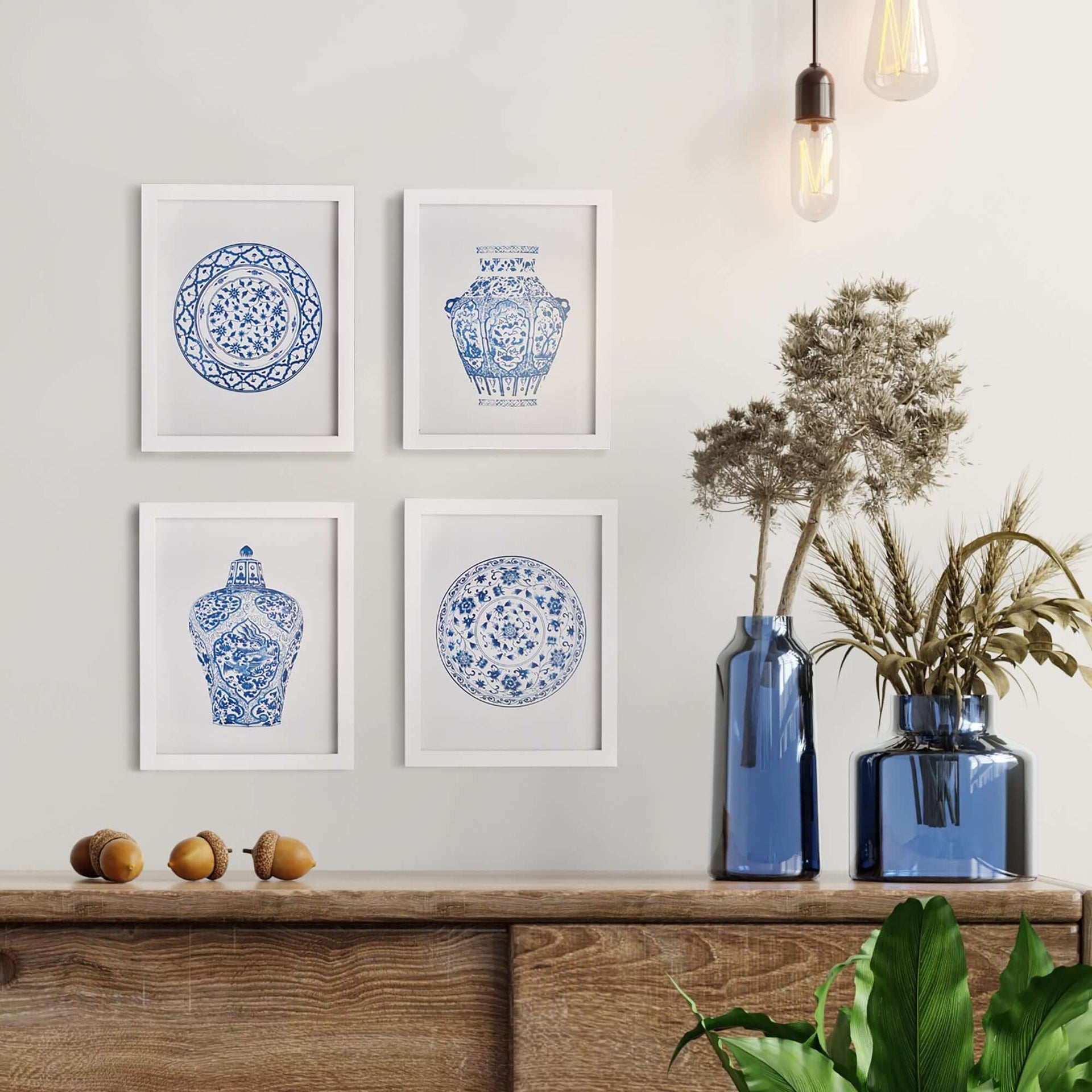 Blue and White Chinoiserie Ginger Jar and Plate Prints (Set of 4)