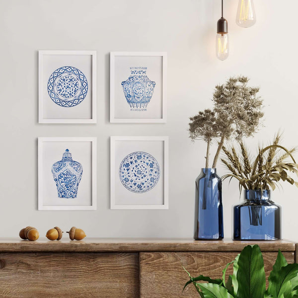 Blue and White Chinoiserie Ginger Jar and Plate Prints (Set of 4)