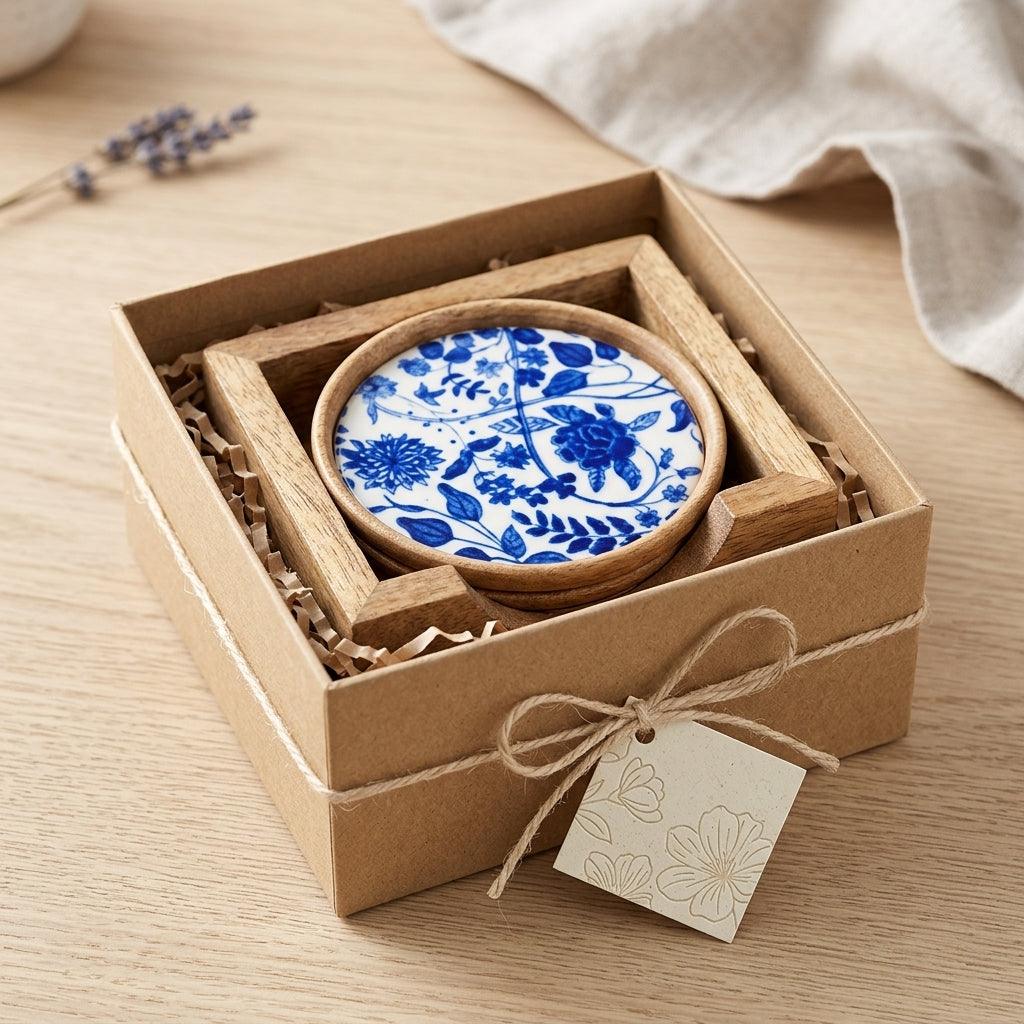 House of Avana Mango Wood Coaster Set of 5 with Holder