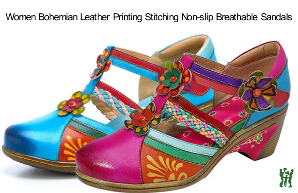 Women Bohemian Leather Printing Stitching Non-slip Breathable Sandals
