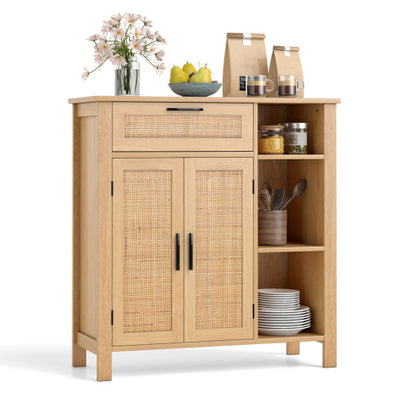 Boho Buffet Sideboard Storage Cabinet with Drawer and Rattan Woven Doors-Natural