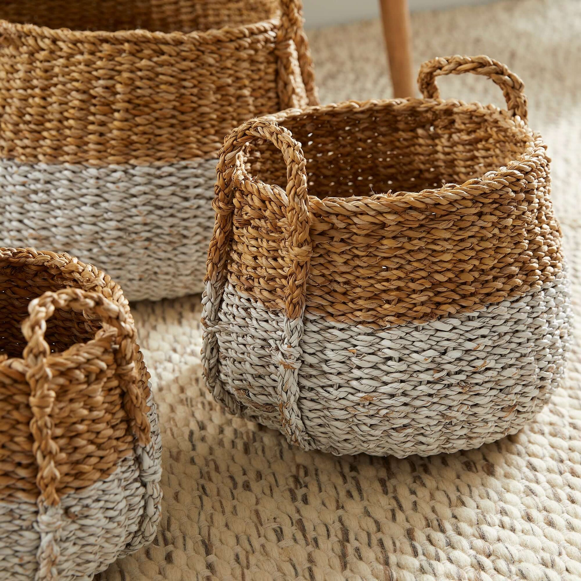 Boho Coastal Storage Baskets with Handles (Set of 3)