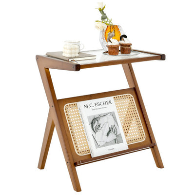 Boho End Table with Magazine Rack and Tempered Glass Top-Walnut
