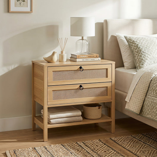 Boho Rattan Nightstand with 2 Drawers and Bottom Open Shelf-Natural