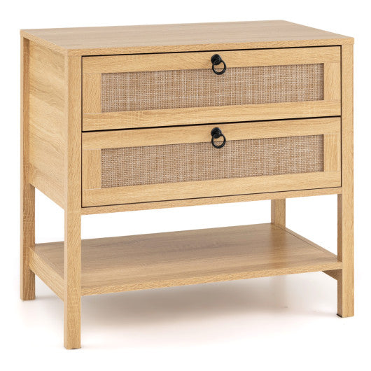 Boho Rattan Nightstand with 2 Drawers and Bottom Open Shelf-Natural