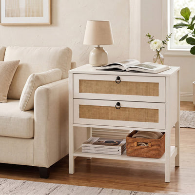 Boho Rattan Nightstand with 2 Drawers and Bottom Open Shelf-White