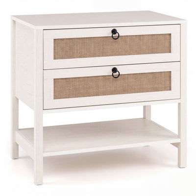Boho Rattan Nightstand with 2 Drawers and Bottom Open Shelf-White
