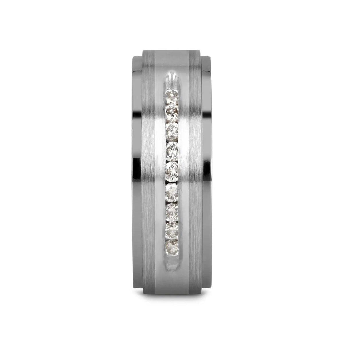 BOND Flat Brushed Silver Inlaid Titanium Men's Wedding Band With 9 Channel Set White Diamonds - 8mm