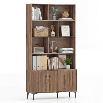Bookshelf with 3 Doors and 2 Anti-Tipping Kits for Home Office-Walnut