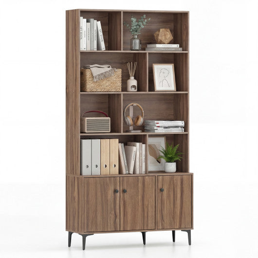 Bookshelf with 3 Doors and 2 Anti-Tipping Kits for Home Office-Walnut