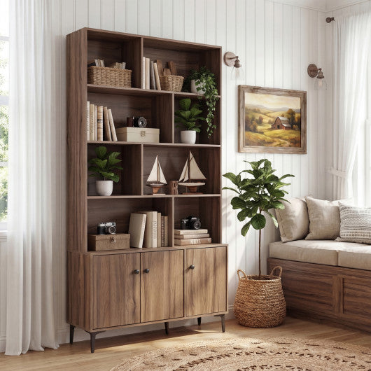 Bookshelf with 3 Doors and 2 Anti-Tipping Kits for Home Office-Walnut