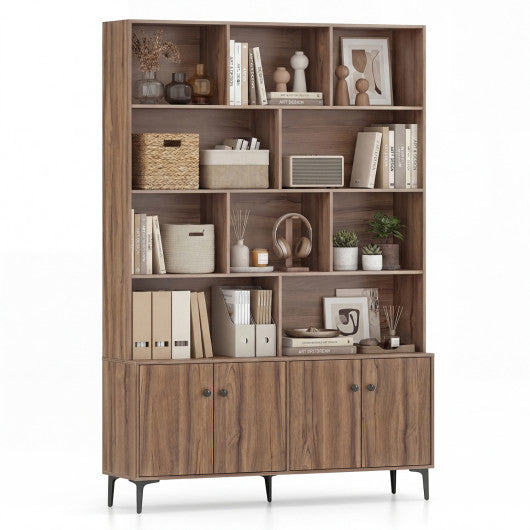Bookshelf with 4 Doors and 2 Anti-Tipping Kits for Home Office-Walnut