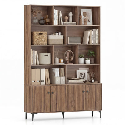 Bookshelf with 4 Doors and 2 Anti-Tipping Kits for Home Office-Walnut
