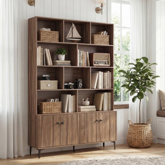 Bookshelf with 4 Doors and 2 Anti-Tipping Kits for Home Office-Walnut