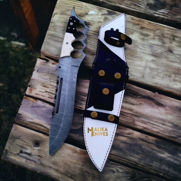 Black White Damascus Knuckle Bowie Knife Resin Handle