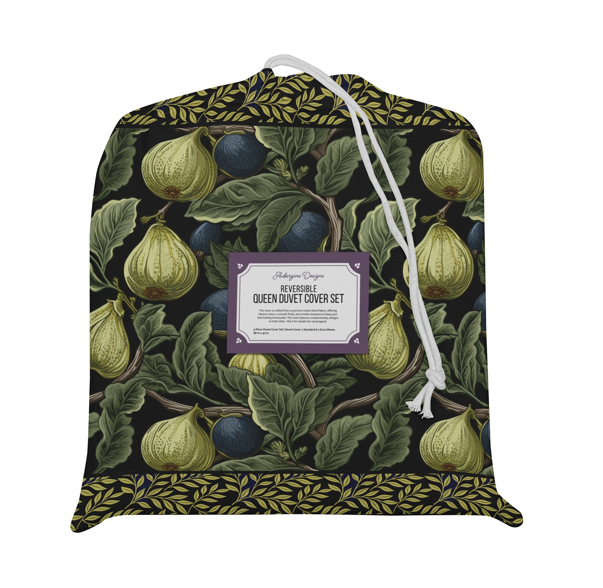 5 Piece Reversible Duvet Cover Set | Cotton Blend | Green Figs - William Morris Inspired Collection