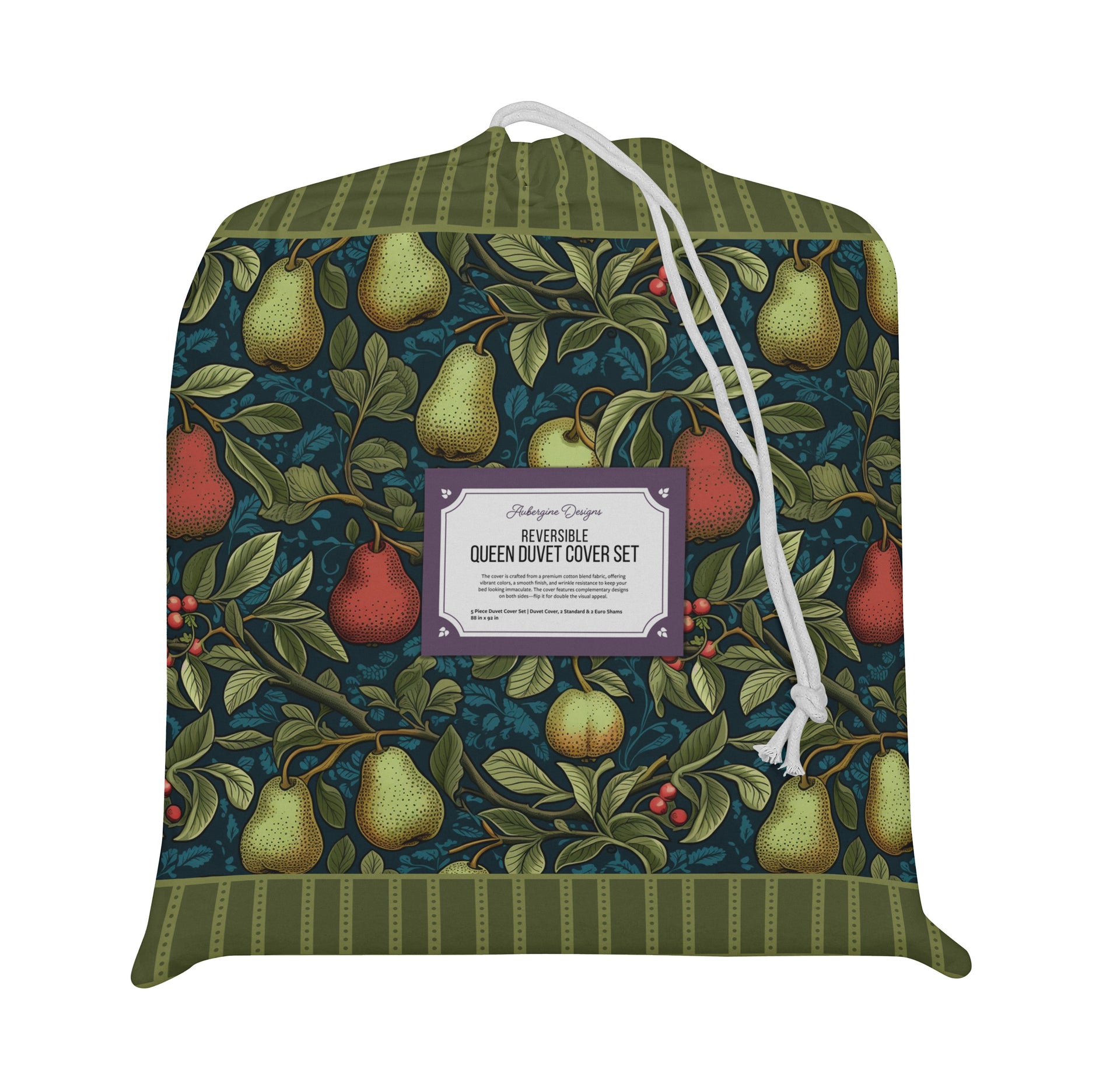 5 Piece Reversible Duvet Cover Set | Cotton Blend | Pears - William Morris Inspired Collection