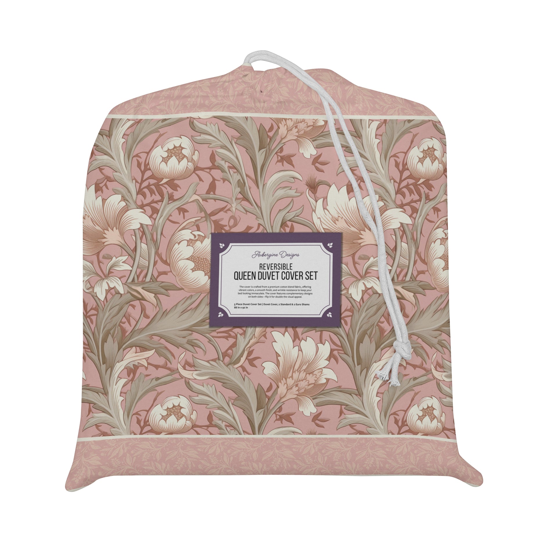 5 Piece Reversible Duvet Cover Set | Cotton Blend | Blush & Grey Floral - William Morris Inspired Collection