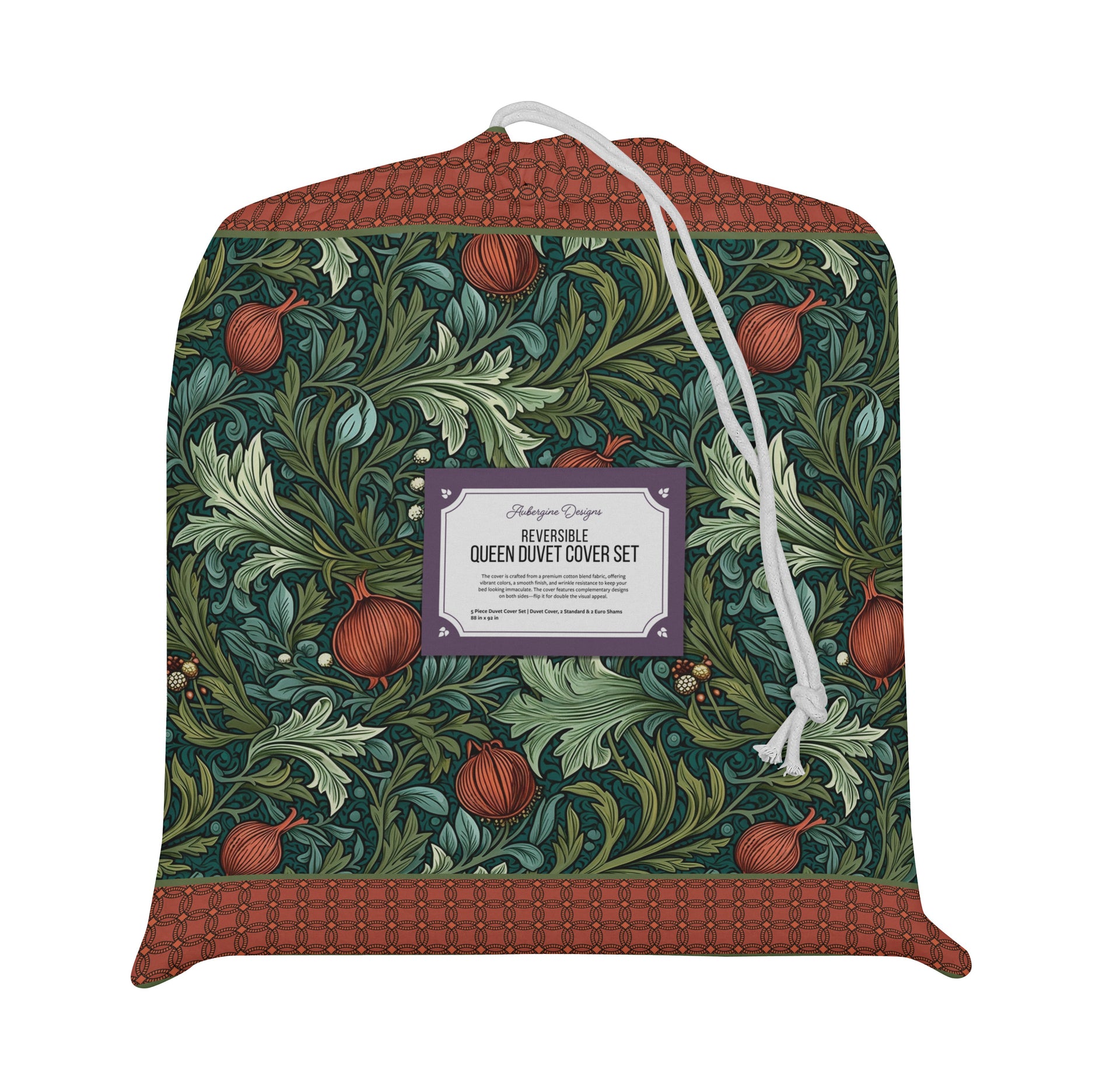 5 Piece Reversible Duvet Cover Set | Cotton Blend | Pomegranate - William Morris Inspired Collection