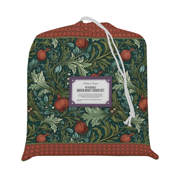 5 Piece Reversible Duvet Cover Set | Cotton Blend | Pomegranate - William Morris Inspired Collection