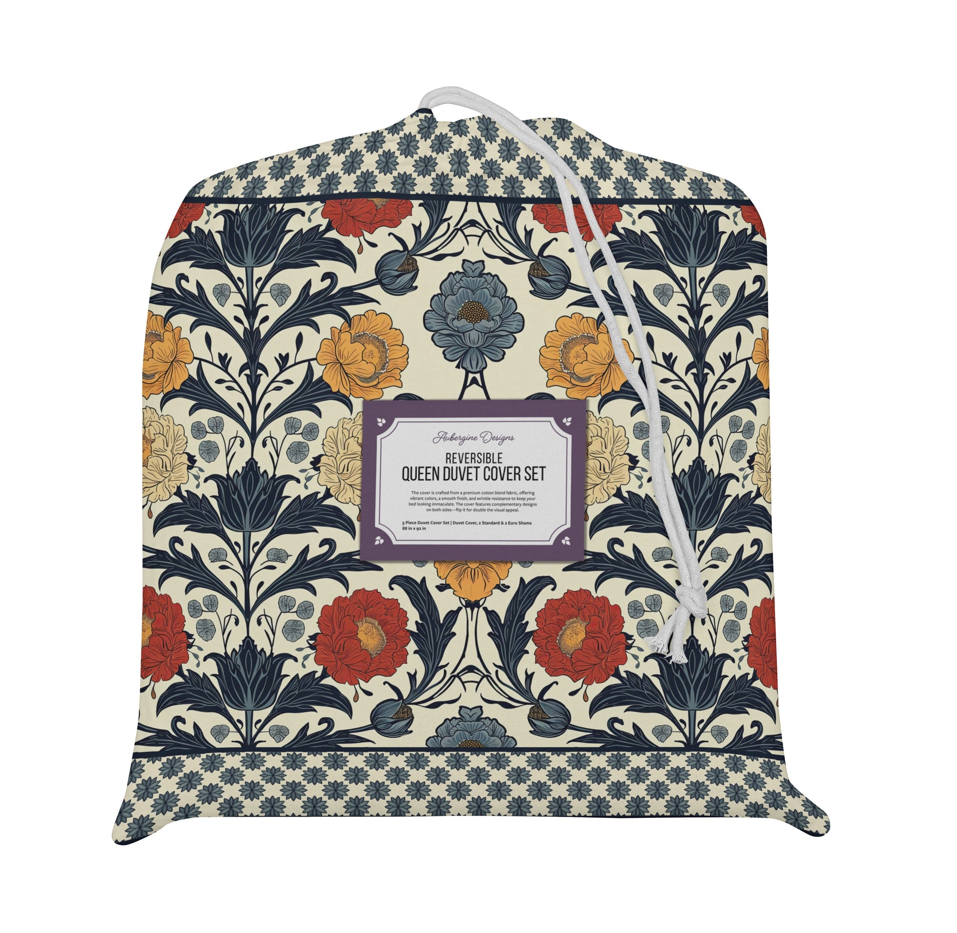 5 Piece Reversible Duvet Cover Set | Cotton Blend | Primary Bouquet - William Morris Inspired Collection