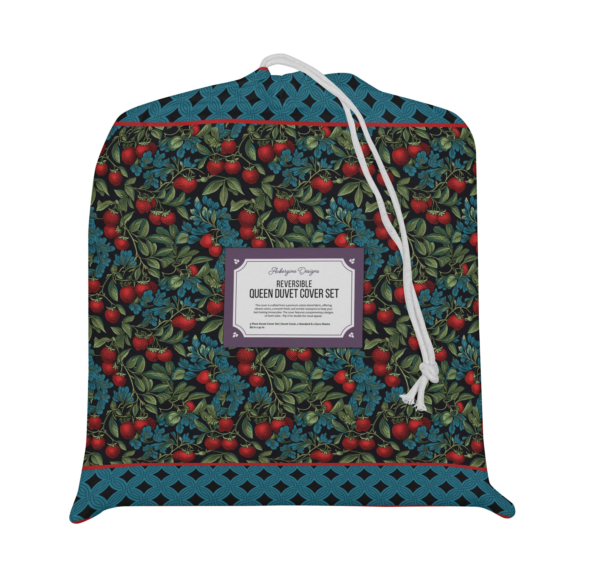 5 Piece Reversible Duvet Cover Set | Cotton Blend | Red Berries, Blue Flowers - William Morris Inspired Collection