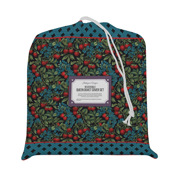 5 Piece Reversible Duvet Cover Set | Cotton Blend | Red Berries, Blue Flowers - William Morris Inspired Collection