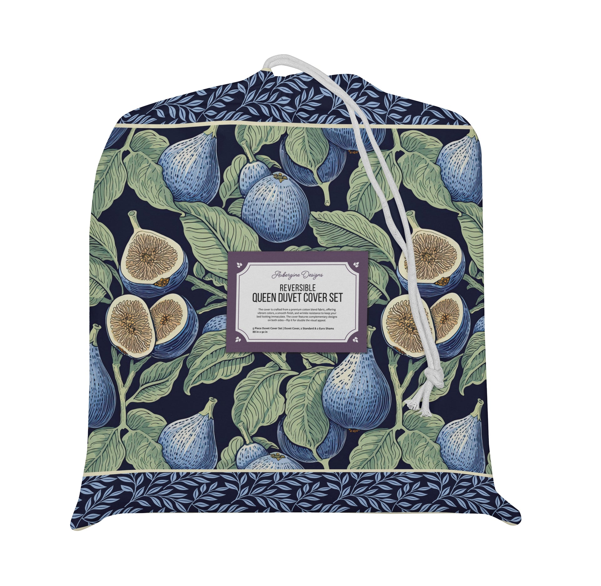 5 Piece Reversible Duvet Cover Set | Cotton Blend | Sliced Fig - William Morris Inspired Collection