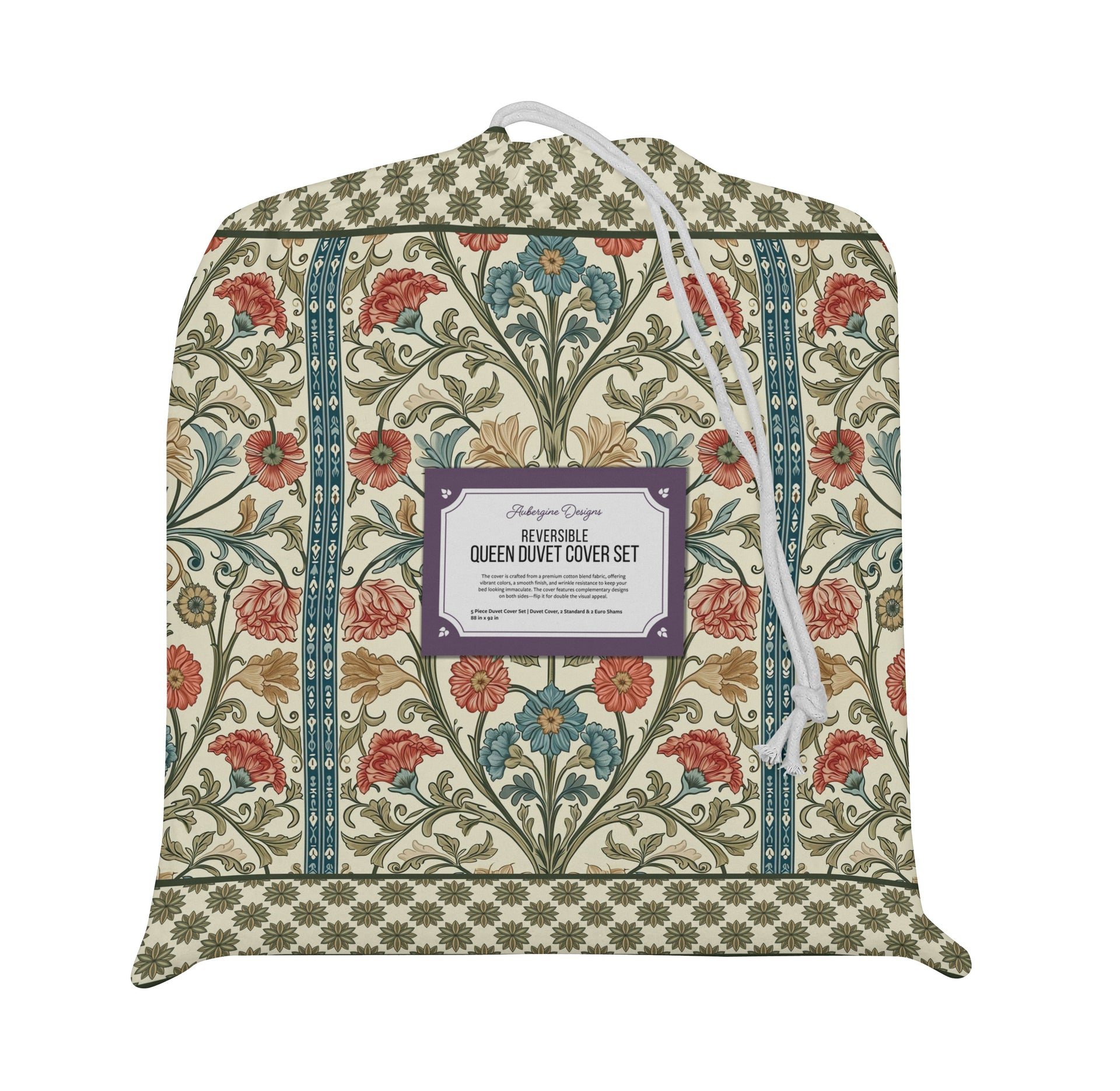 5 Piece Reversible Duvet Cover Set | Cotton Blend | Summer Bouquet - William Morris Inspired Collection