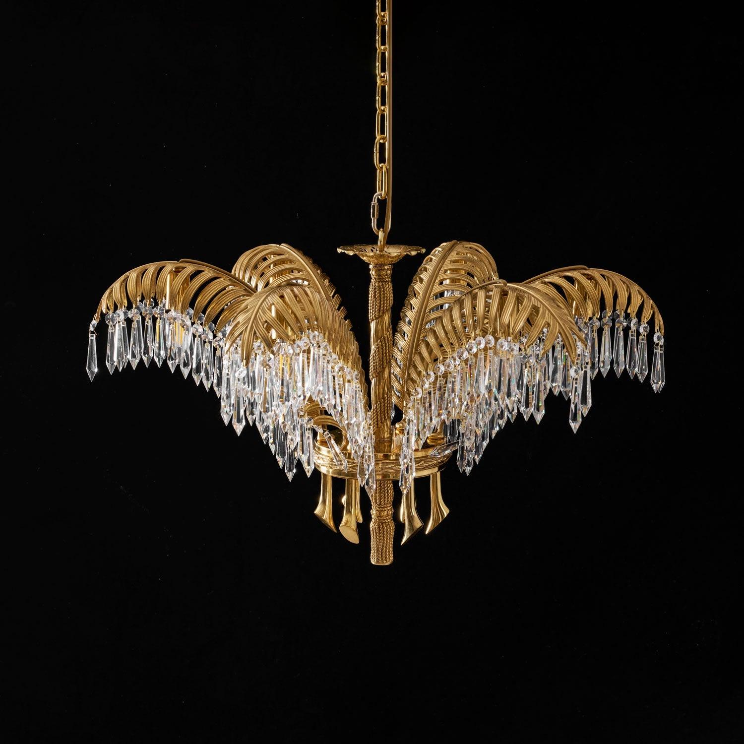 Brass Palm Leaf Crystal Chandelier