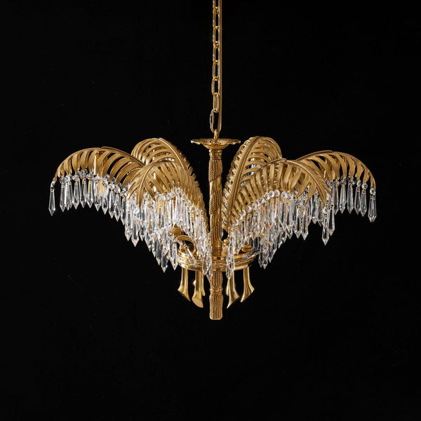 Brass Palm Leaf Crystal Chandelier