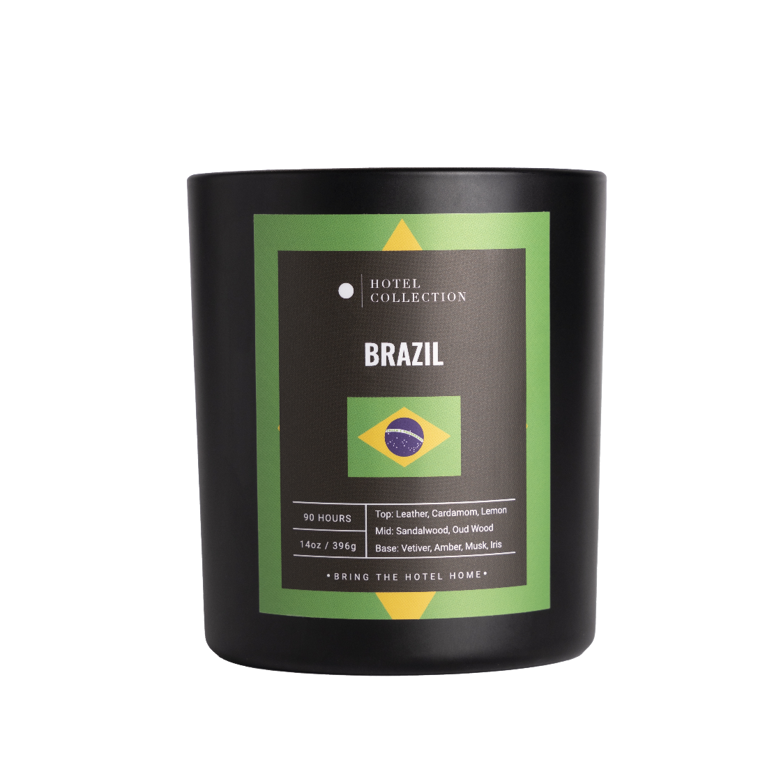 Black candle with 'Brazil' label featuring Brazilian flag design on a white background