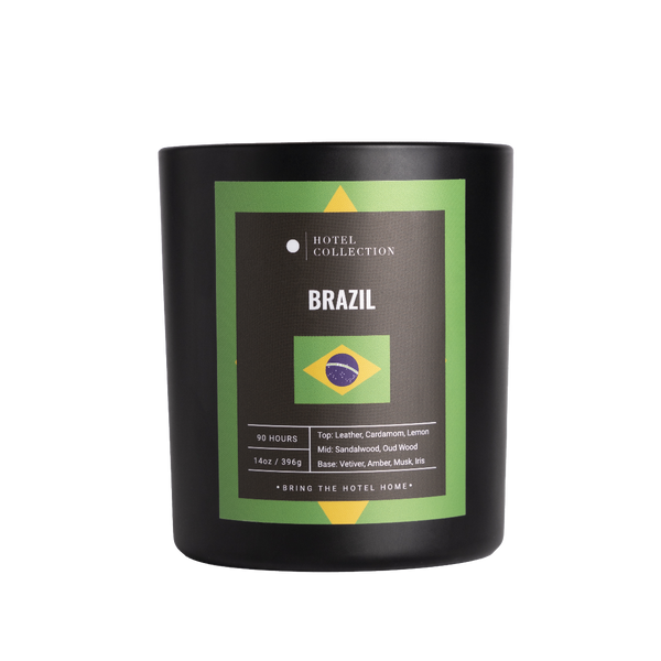 Black candle with 'Brazil' label featuring Brazilian flag design on a white background