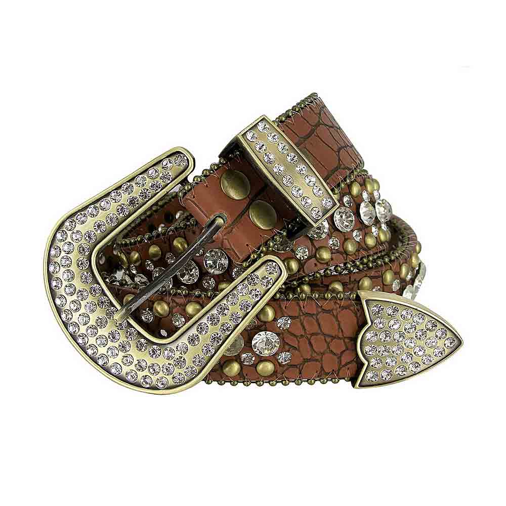 Brown Men Women Rhinestone Belt for Jeans