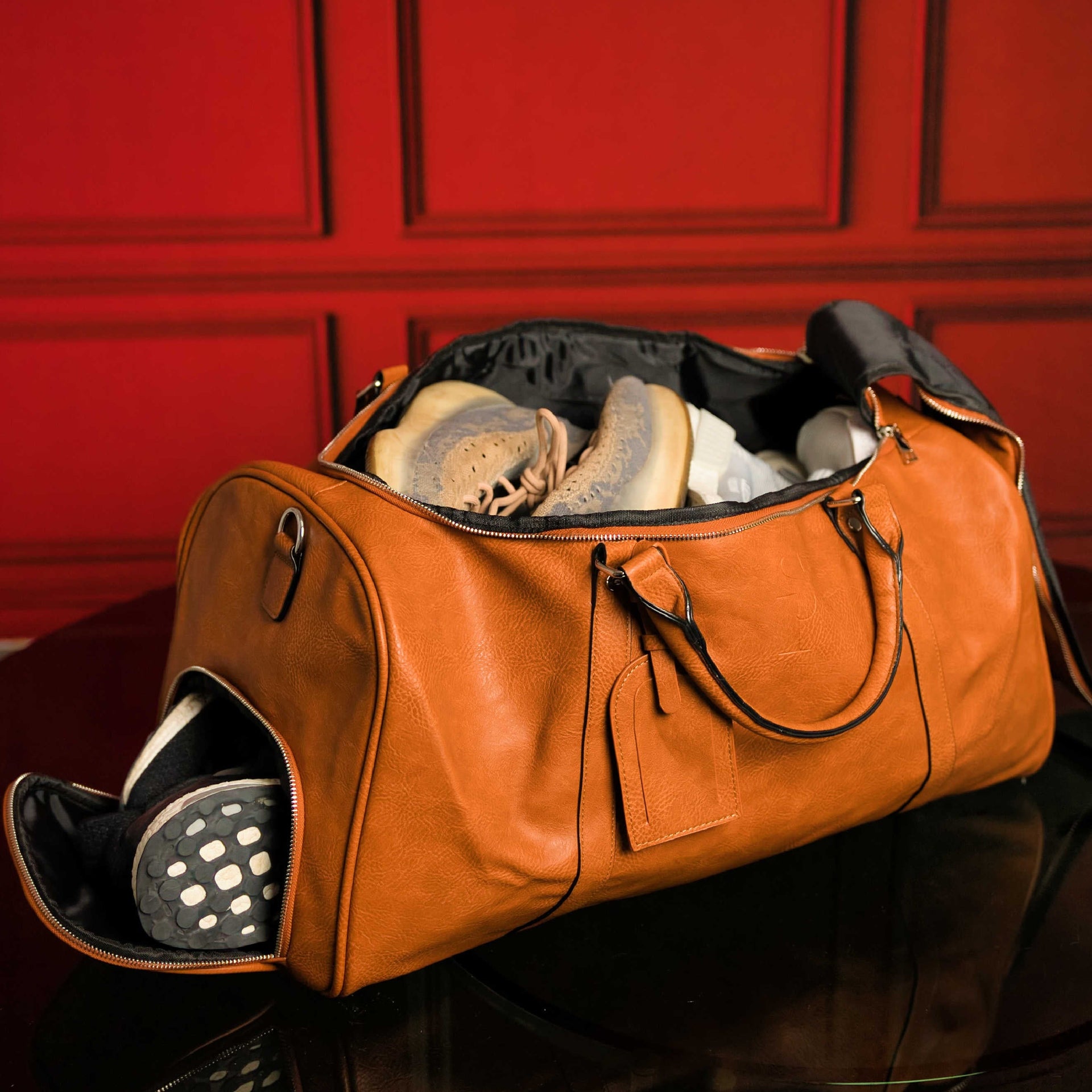 Brown Tumbled Leather 2 Bag Set (Commuter Backpack and Duffle Bag) Sole Premise