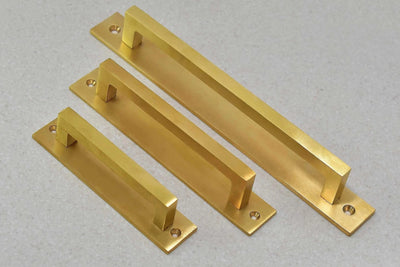 Unlacquered Brass Brushed Rectangle Drawer Pulls with Backplate