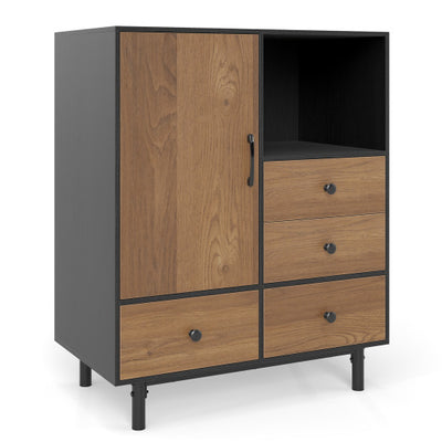 Buffet Sideboard Mid Century Modern Storage Cabinet with 4 Drawers and Open Compartment-Black