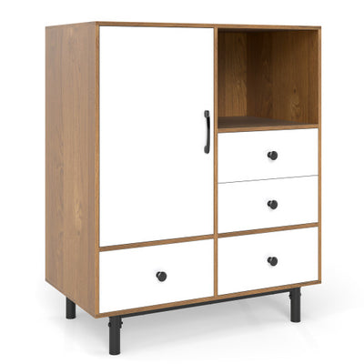 Buffet Sideboard Mid Century Modern Storage Cabinet with 4 Drawers and Open Compartment-Natural