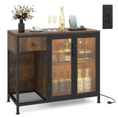 Buffet Sideboard with Doors Power Outlets and LED Light-Rustic Brown