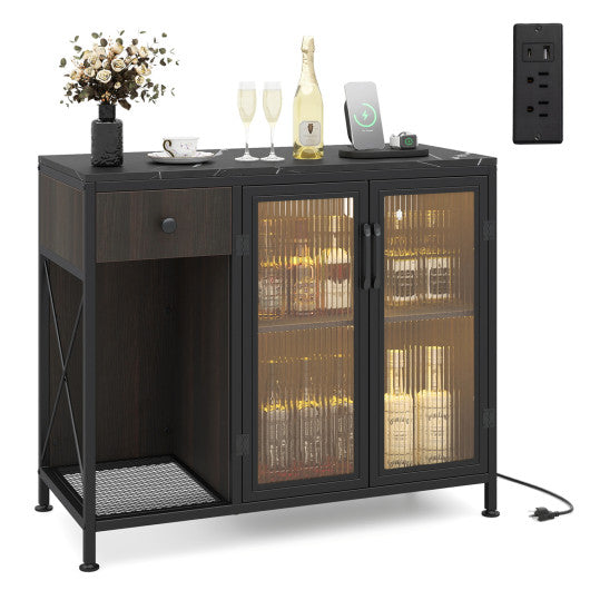 Buffet Sideboard with Doors Power Outlets and LED Light-Black