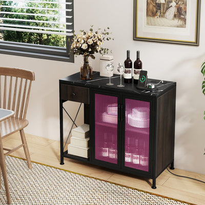 Buffet Sideboard with Doors Power Outlets and LED Light-Black