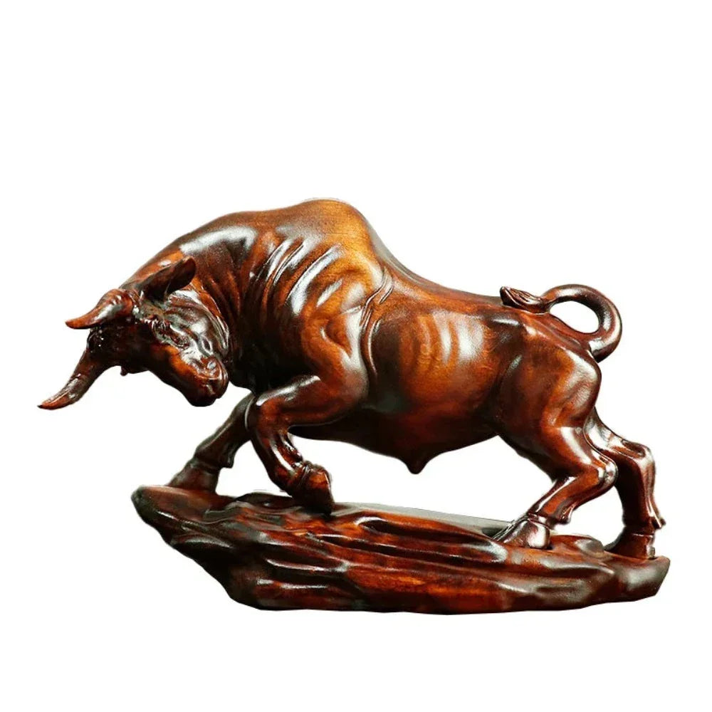 Bull Figurine Hand Carved Boxwood Charging Sculpture for Your Desk