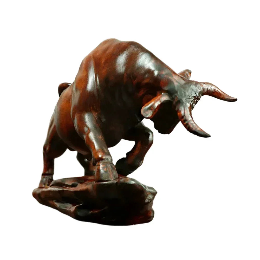 Bull Figurine Hand Carved Boxwood Charging Sculpture for Your Desk