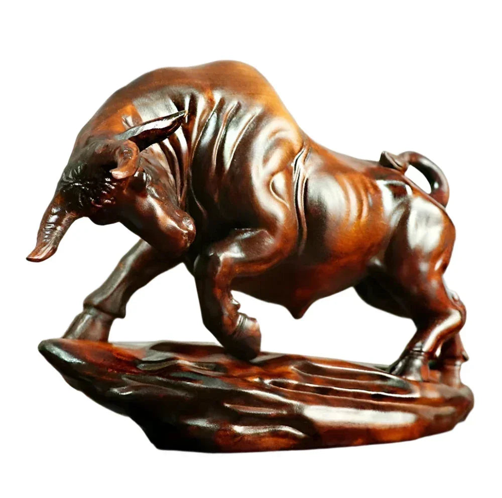 Bull Figurine Hand Carved Boxwood Charging Sculpture for Your Desk
