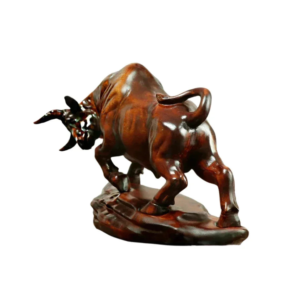 Bull Figurine Hand Carved Boxwood Charging Sculpture for Your Desk