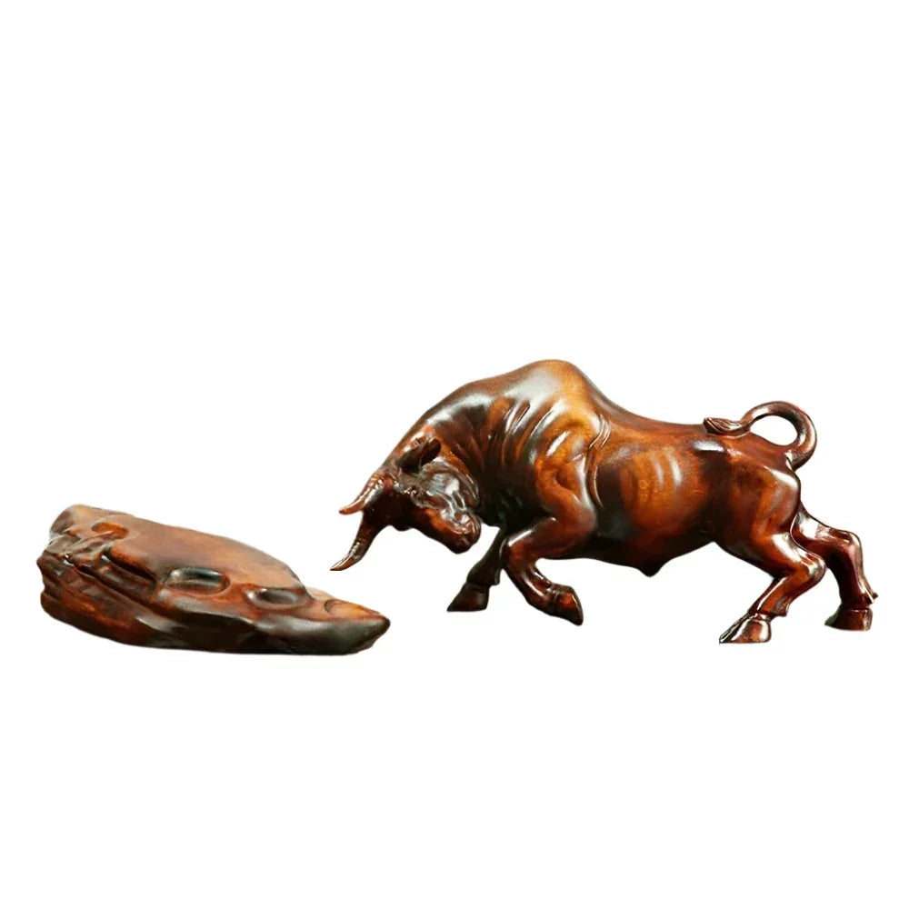 Bull Figurine Hand Carved Boxwood Charging Sculpture for Your Desk