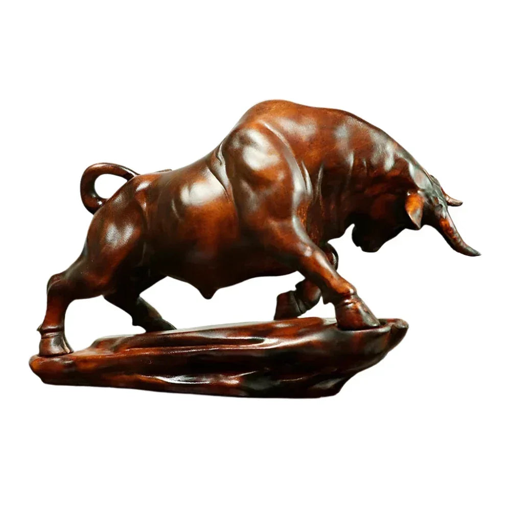 Bull Figurine Hand Carved Boxwood Charging Sculpture for Your Desk