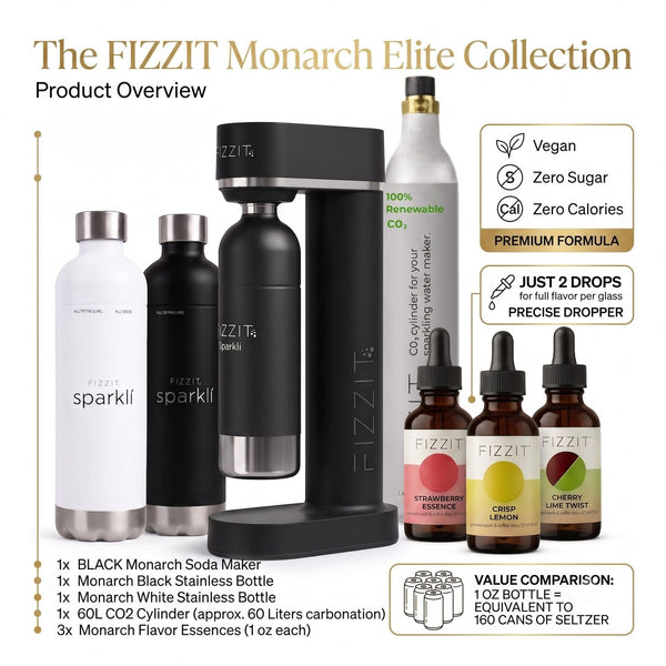 The FIZZIT Monarch Elite Collection | Premium Home Sparkling Water & Soda Maker Bundle | Includes 2 Stainless Steel Bottles, 60L CO2 Cylinder, & 3 Zero-Sugar Flavor Drops (480 Cans Equivalent)